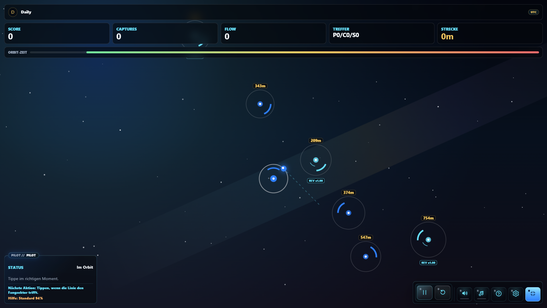 Hero-Screenshot des XONTO Orbit Browsergames mit Spielfeld und Cockpit