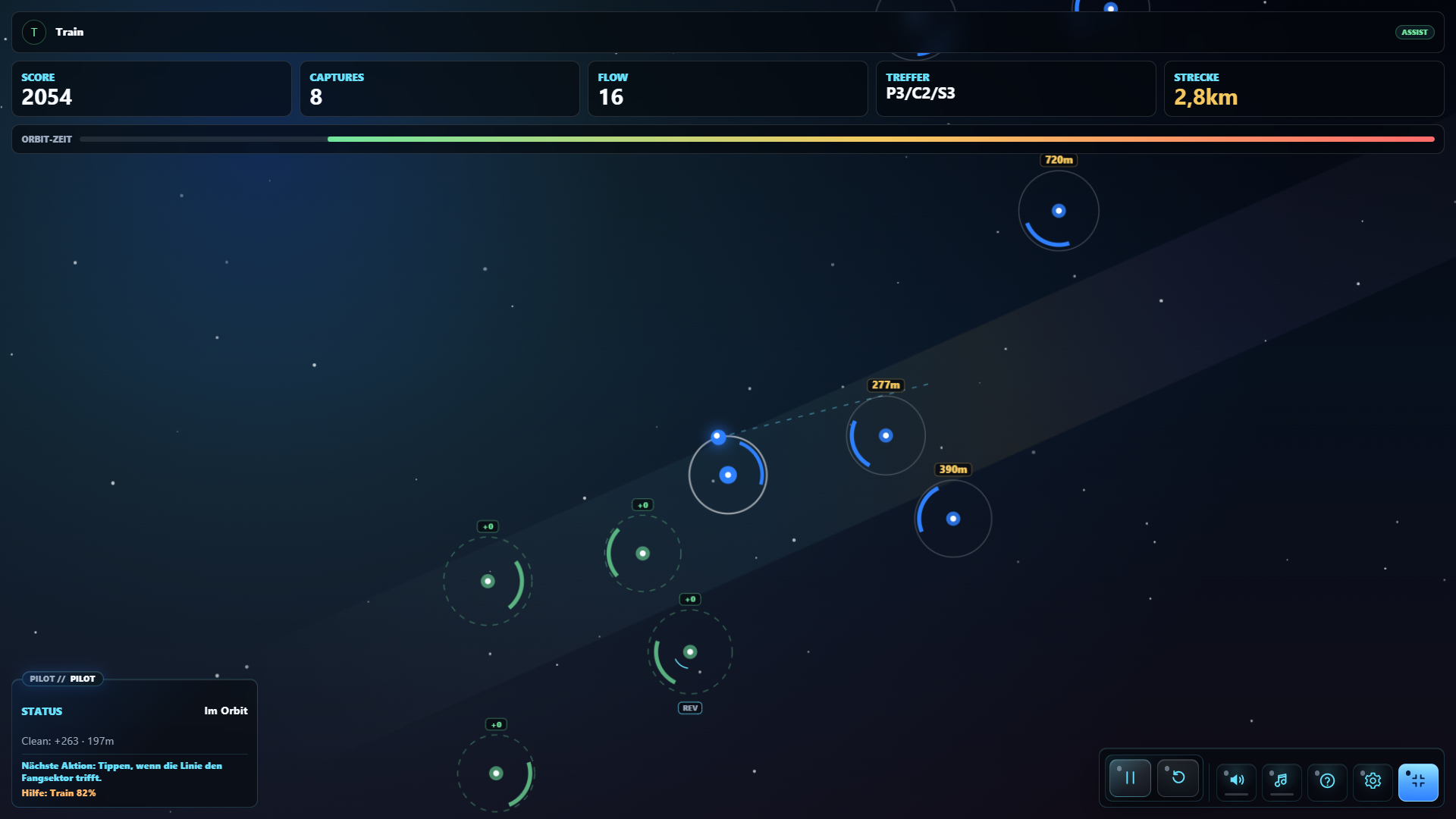 Screenshot von XONTO Orbit mit aktivem Lauf und Orbit-Spielfeld