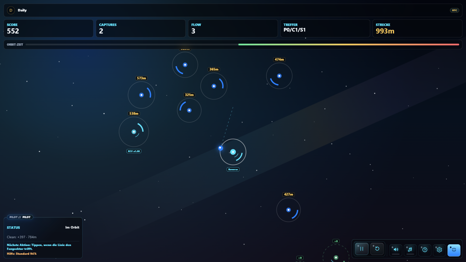 Screenshot von XONTO Orbit mit Timing-Situation und HUD