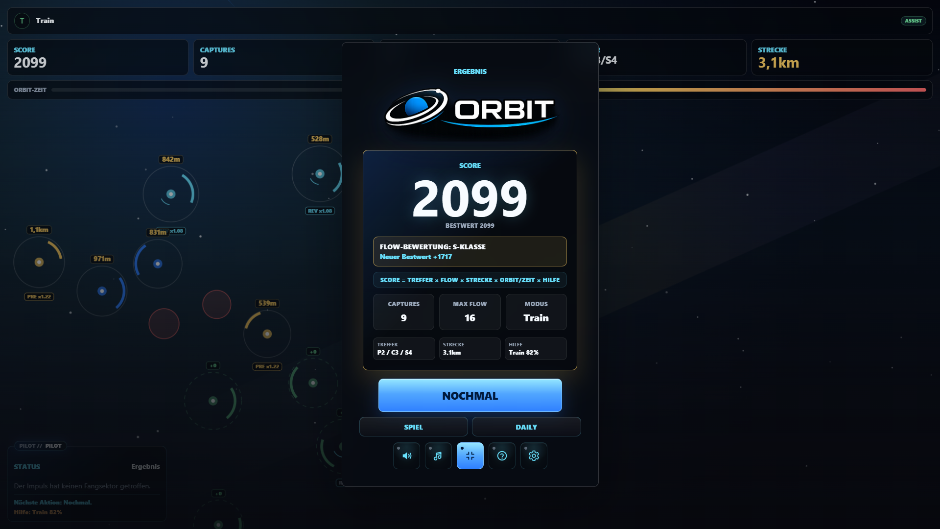 Screenshot von XONTO Orbit mit Spielmodus und Cockpit-Informationen