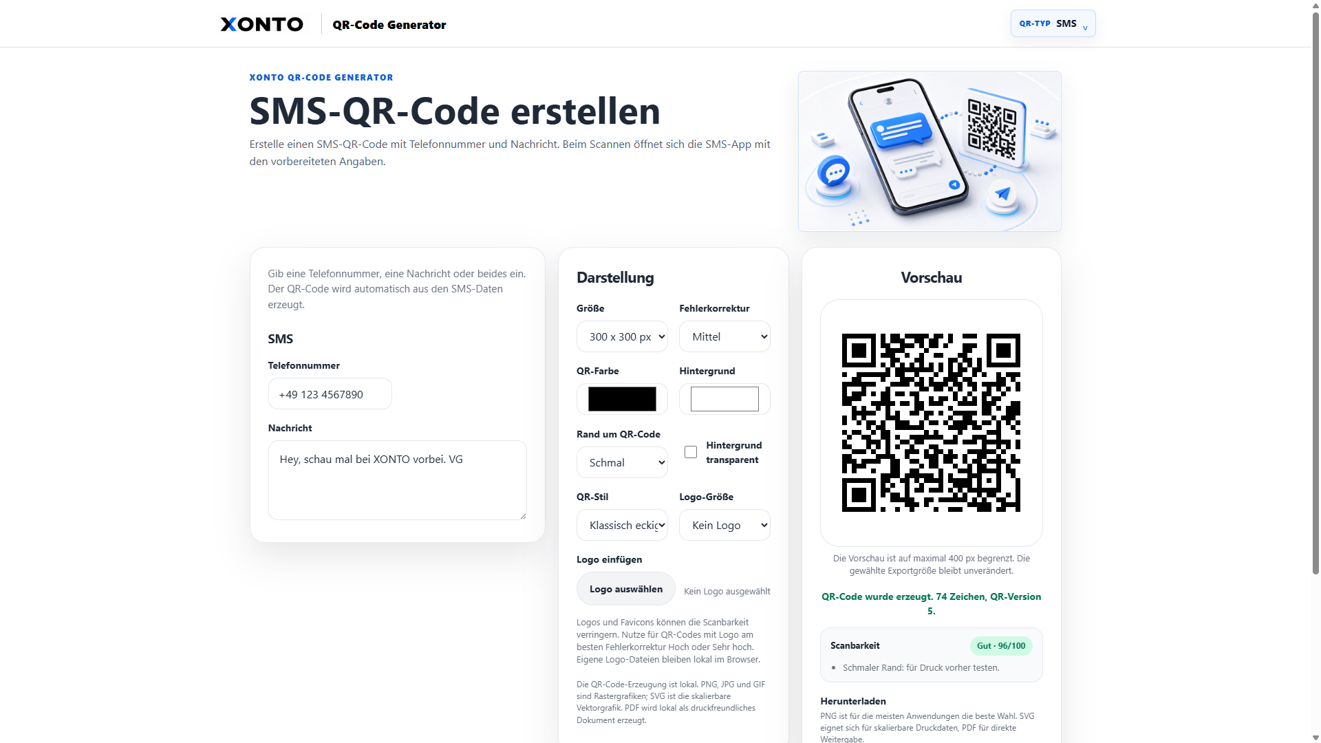 QR-Code Generator für SMS-Inhalte