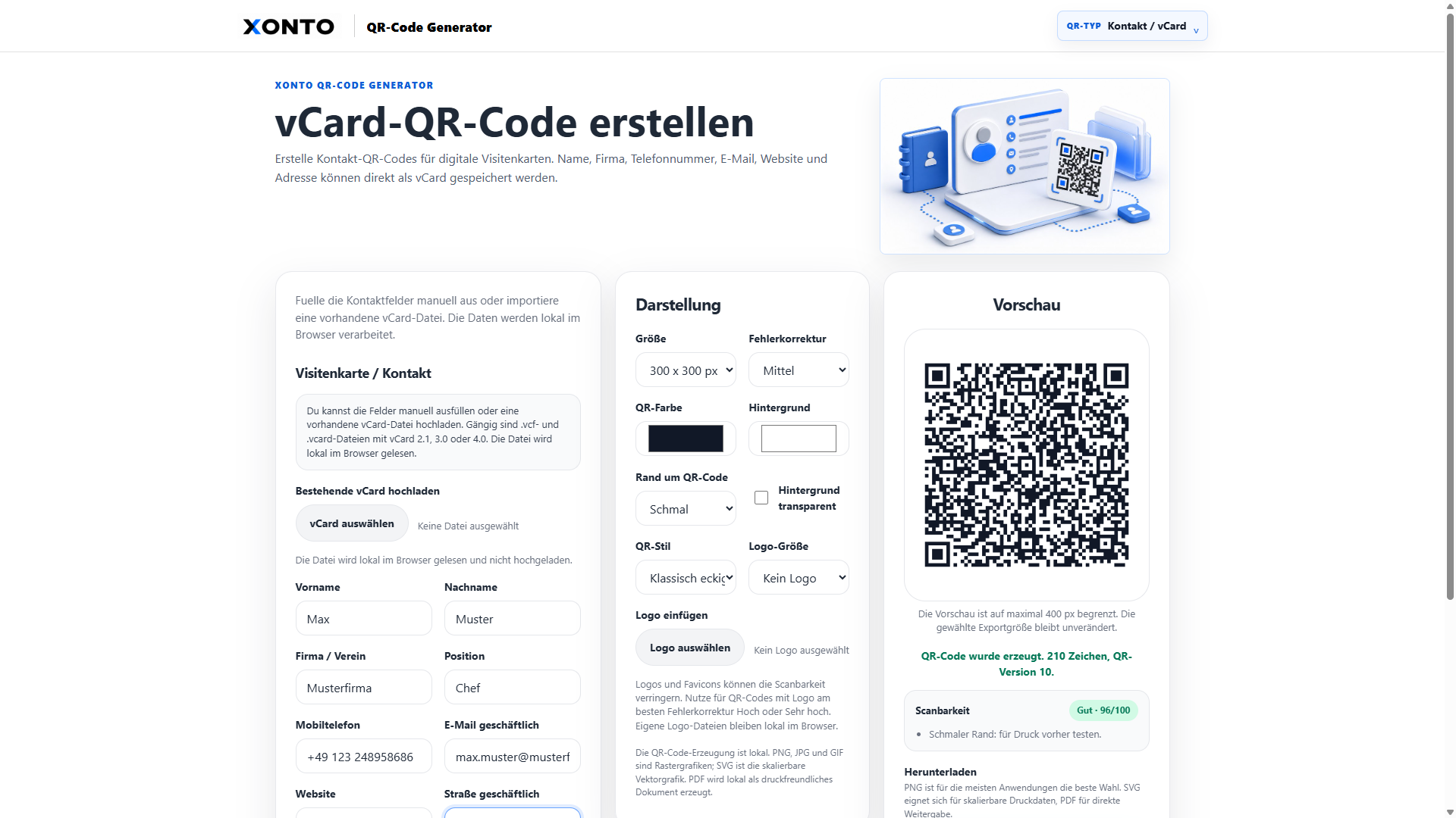 QR-Code Generator für Kontaktdaten und vCard