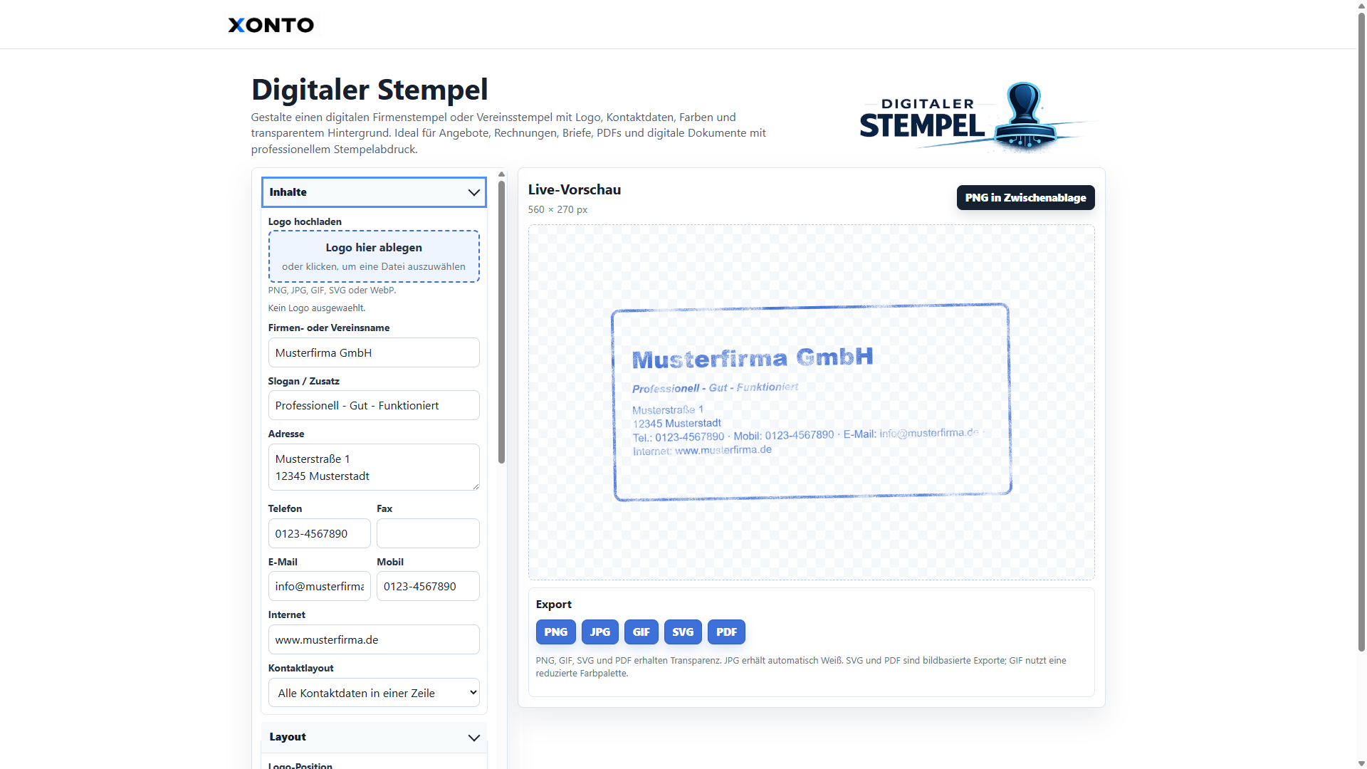 Screenshot von XONTO Digitaler Stempel mit Stempeldaten, Layoutbereich und Live-Vorschau