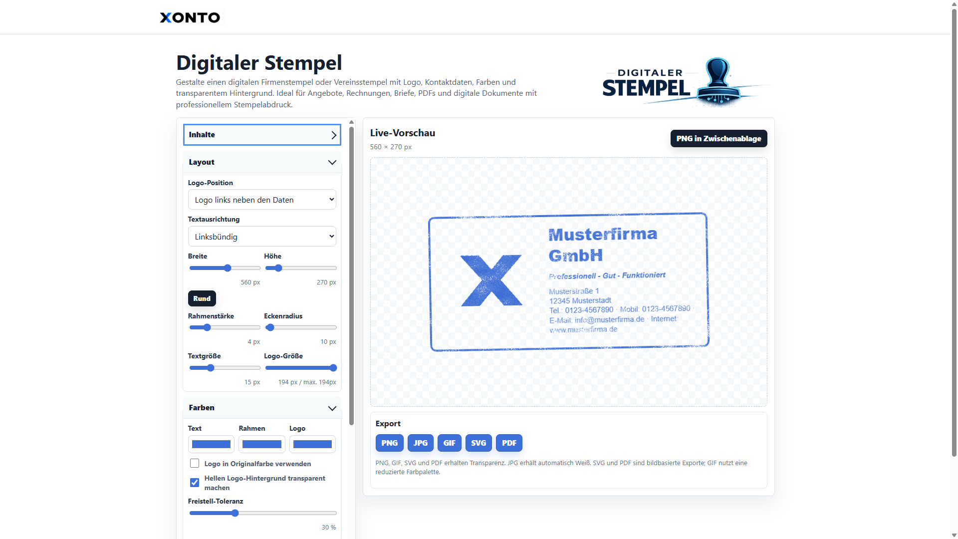 Screenshot von XONTO Digitaler Stempel mit Logo-Upload und Stempelvorschau