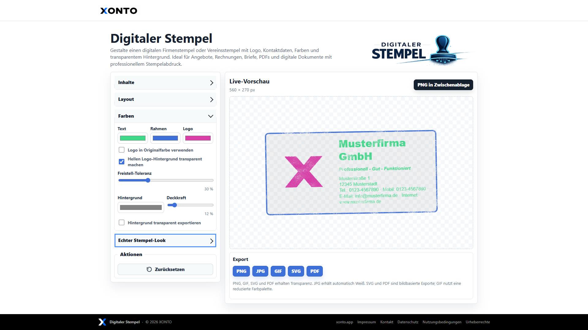 Screenshot von XONTO Digitaler Stempel mit Farb- und Hintergrundoptionen