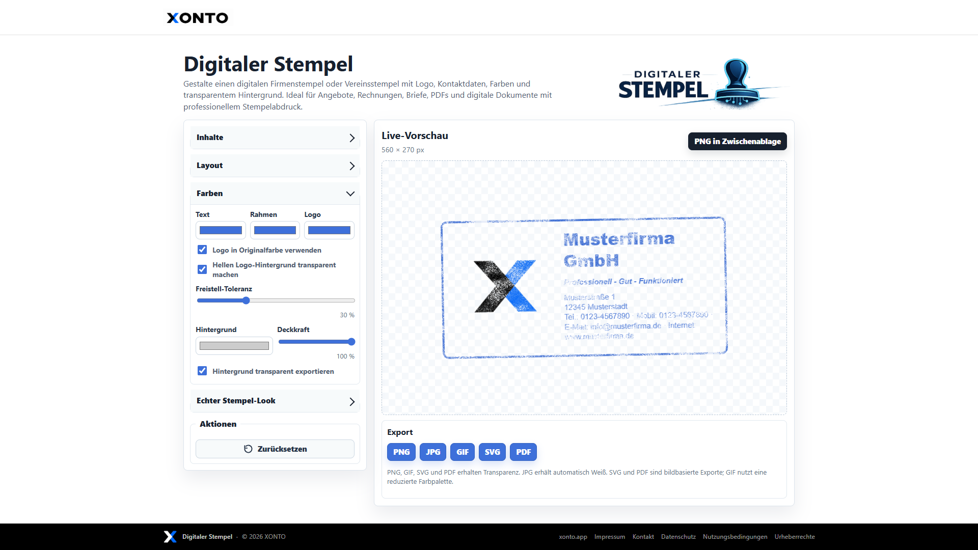 Screenshot von XONTO Digitaler Stempel mit Exportoptionen und fertigem Stempel